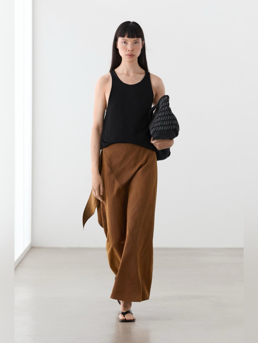 Massimo Dutti LINEN Brown Midi Skirt